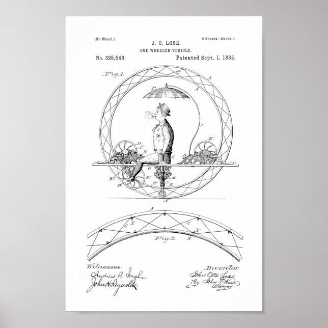 1885 Vintage One Wheeled Bike Patent Print (Front)