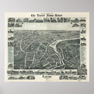 1886 Exeter, NH Birds Eye View Panoramic Map Poster