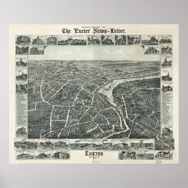 1886 Exeter, NH Birds Eye View Panoramic Map Poster (Front)