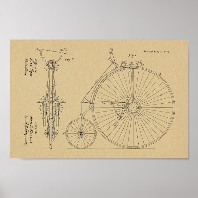 1886 High Wheeler Bicycle Design Patent Art Print (Front)