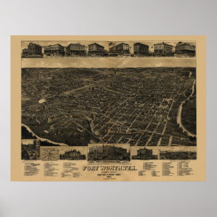 1886 Map of Fort Worth, TX Birds Eye View Poster