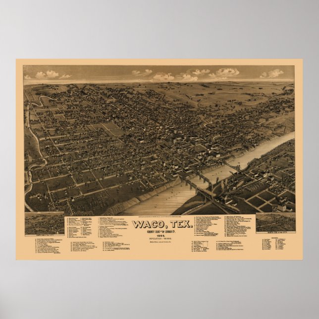 1886 Panoramic Map Birds Eye View of Waco, TX Poster (Front)
