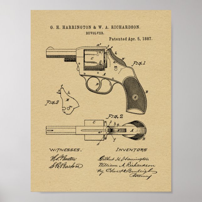 1887 Gun Revolver Patent Art Drawing Print (Front)