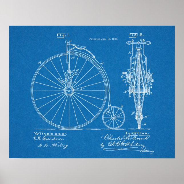 1887 High Wheeler Bicycle Design Patent Art Print (Front)