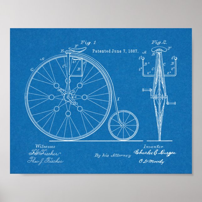 1887 High Wheeler Bicycle Design Patent Art Print (Front)