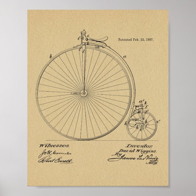 1887 Vintage High Wheeler Bicycle Patent Art Print (Front)