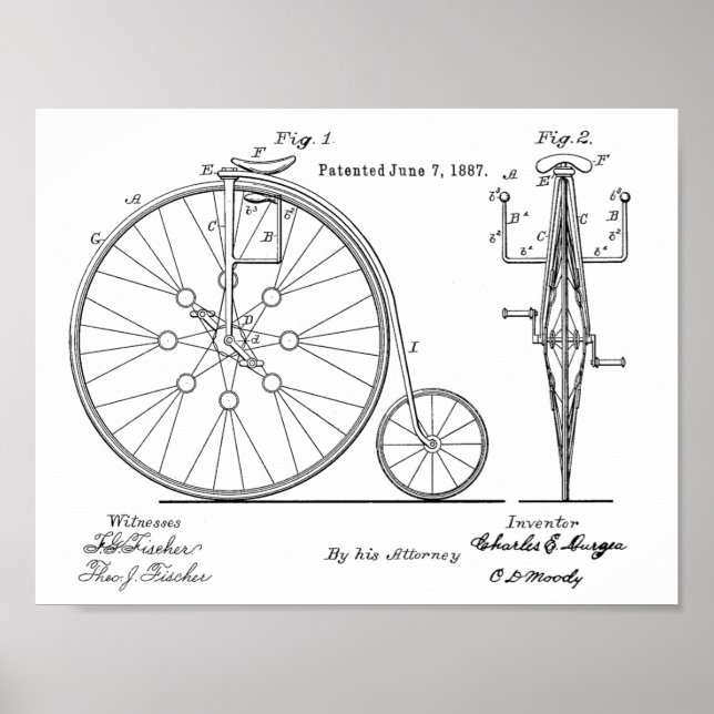 1887 Vintage High Wheeler Bicycle Patent Art Print (Front)