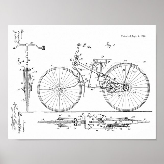 1888 Vintage Bicycle Design Patent Art Print (Front)