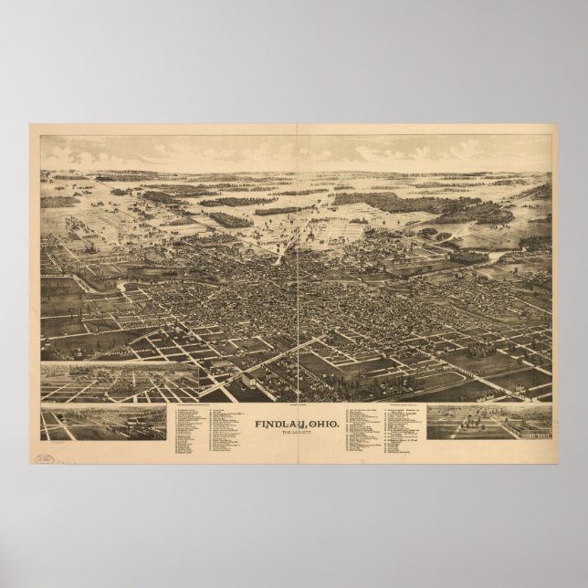 1889 Findlay, OH Birds Eye View Panoramic Map Poster (Front)