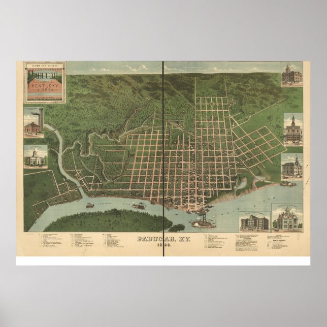 1889 Paducah, KY Birds Eye View Panoramic Map Poster (Front)