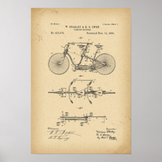 1889 Patent tandem Bicycle Poster