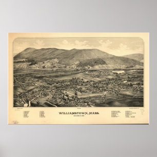 1889 Williamstown, MA Birds Eye View Panoramic Map Poster