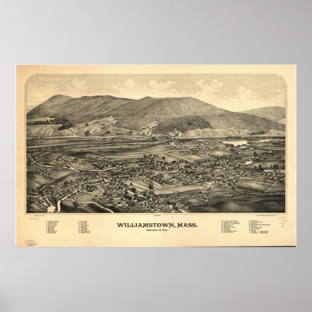 1889 Williamstown, MA Birds Eye View Panoramic Map Poster (Front)
