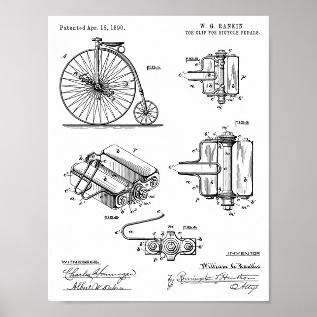 1890 Bicycle High Wheeler Pedal Design Patent Art Poster (Front)