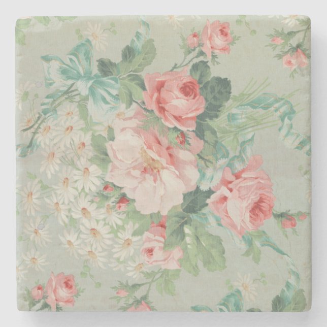 1890 British Vintage Fabric Roses & Daisies  Stone Coaster (Front)