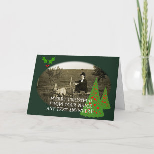 1890 DAPPER MAN WITH PIPE TOP HAT DOG PULLING CART HOLIDAY CARD