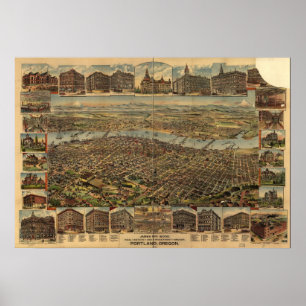 1890 Portland, OR Birds Eye View Panoramic Map Poster