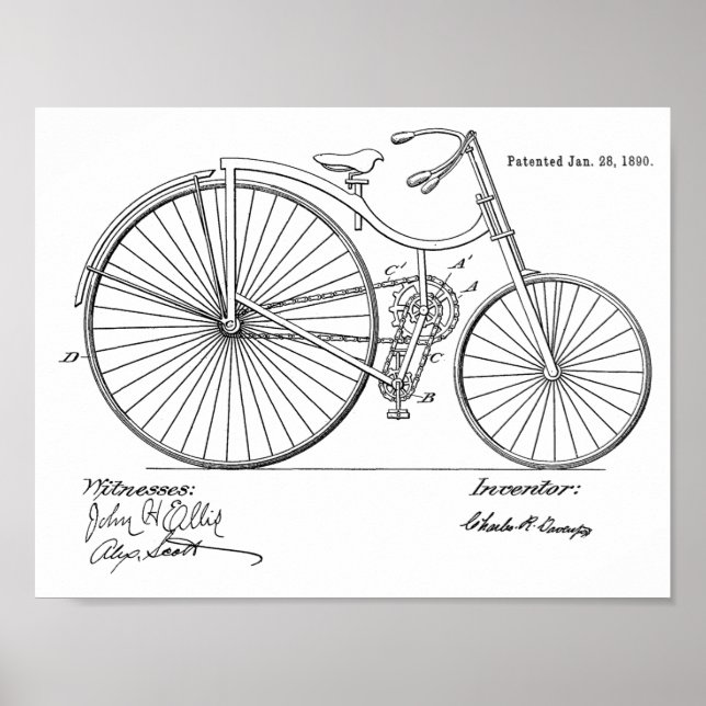 1890 Vintage Bicycle Patent Art Print (Front)