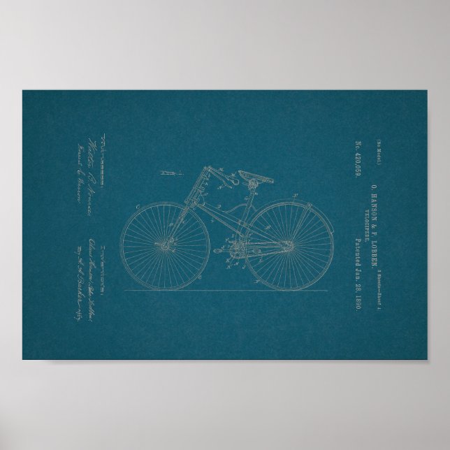 1890 Vintage Bicycle Patent Print Blueprint (Front)