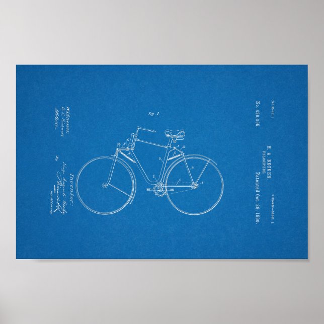 1890 Vintage Bicycle Patent Print Blueprint (Front)