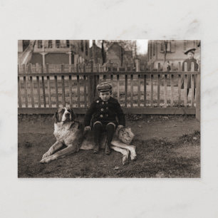 1890's Boy Sitting on St Bernard Dog Photograph Postcard