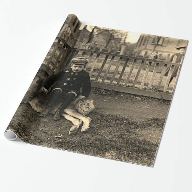 1890's Boy Sitting on St Bernard Dog Photograph Wrapping Paper (Unrolled)