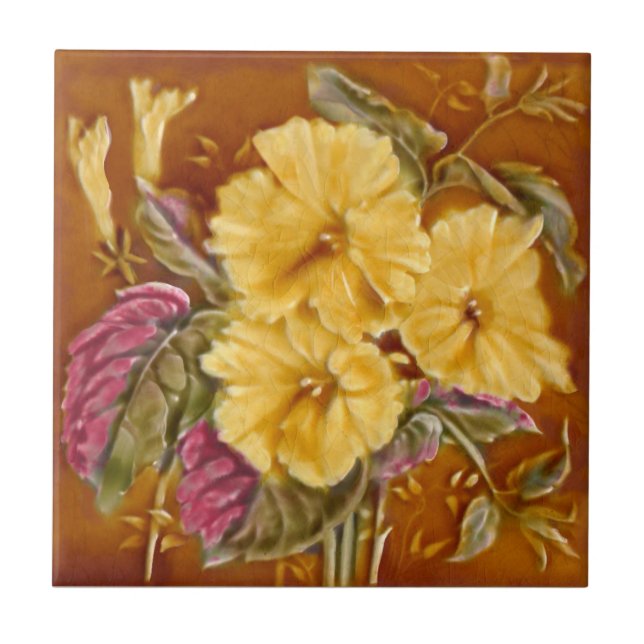 1890s Lea Boulton Yellow Floral Repro Faux Relief Ceramic Tile (Front)