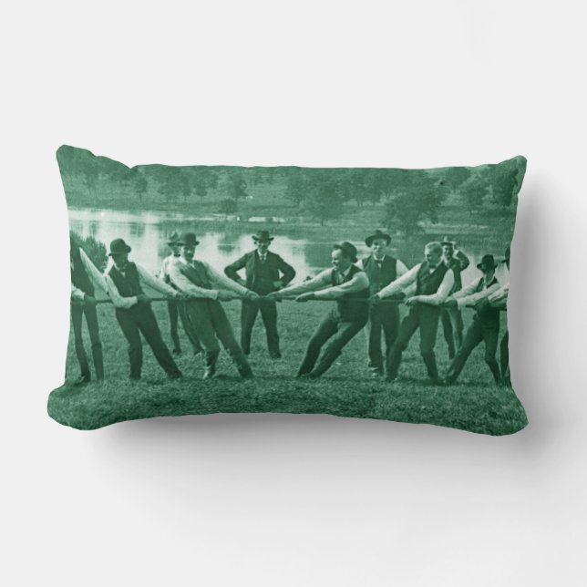 1890's Men Man Tug-O-War Fox River Photo green Lumbar Cushion (Front)