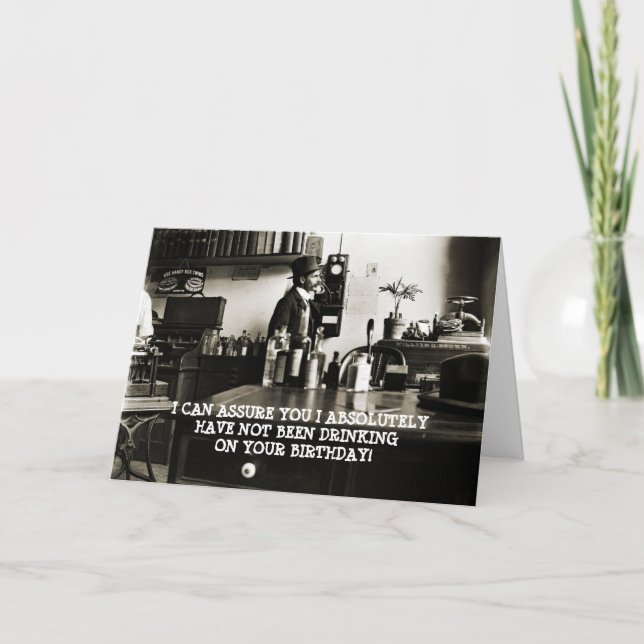 1890'S PHOTO FUNNY BIRTHDAY MAN ON PHONE BOTTLES CARD (Front)