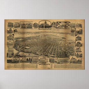 1890's Sacramento CA Birds Eye View Panoramic Map Poster