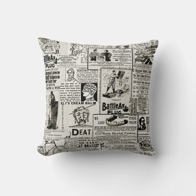 1890's Victorian Era Newspaper Ads Funny Whimsical Cushion (Front)