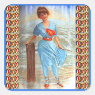 1890s Victorian lady on the beach Square Sticker