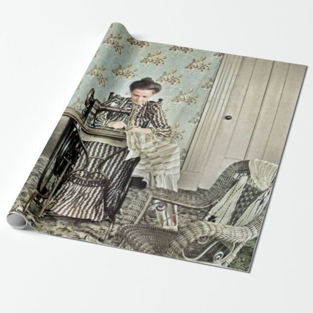 1890's Woman at Sewing Machine Photo Tinted Wrapping Paper (Unrolled)