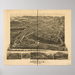 1891 Asheville, NC Birds Eye View Panoramic Map Poster
