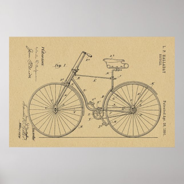 1891 Bicycle Patent Art Drawing Print (Front)