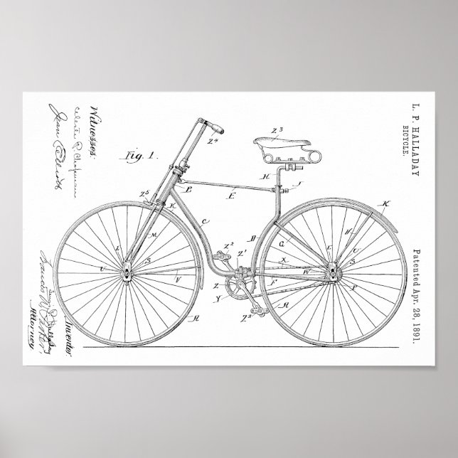 1891 Bicycle Patent Art Drawing Print (Front)
