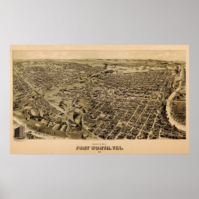 1891 Map of Fort Worth, Texas Birds Eye View Poster (Front)