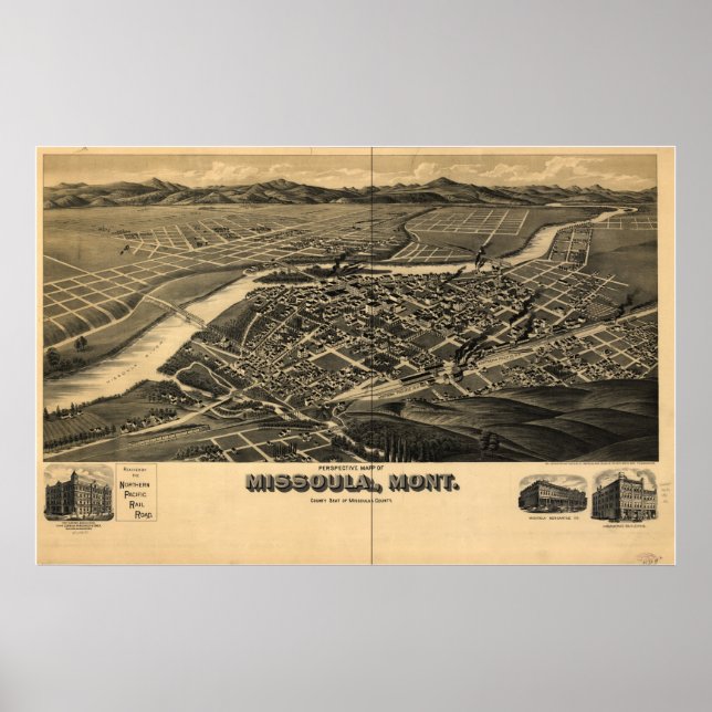 1891 Missoula, MT Birds Eye View Panoramic Map Poster (Front)