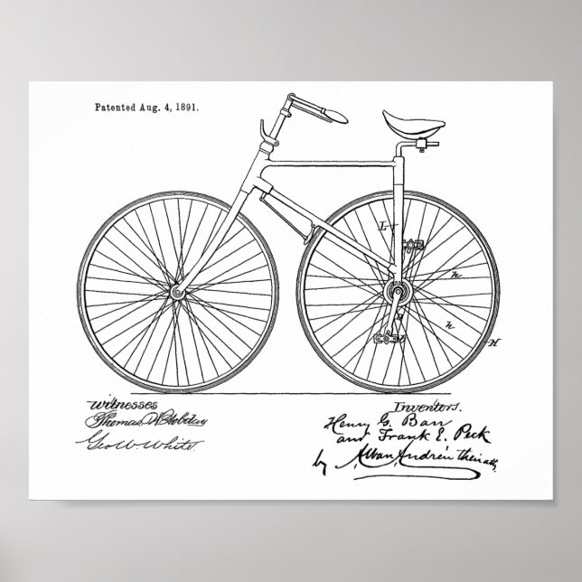 1891 Vintage Bicycle Design Patent Art Print (Front)