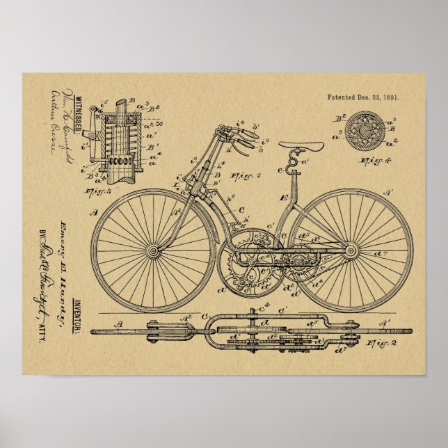 1891 Vintage Bicycle Gear Design Patent Art Print (Front)