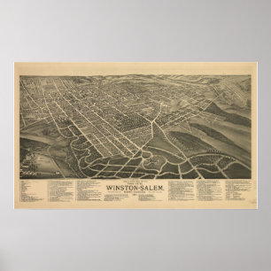 1891 Winston Salem NC Birds Eye View Panoramic Map Poster