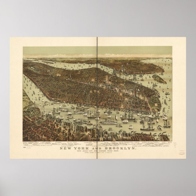 1892 New York & Brooklyn Birds Eye Panoramic Map Poster (Front)