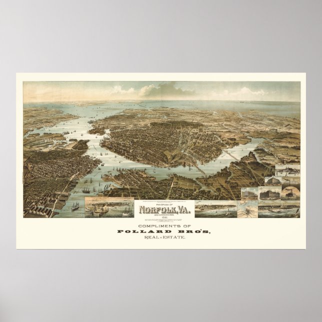 1892 Norfolk, VA Bird's Eye View Panoramic Map Poster (Front)