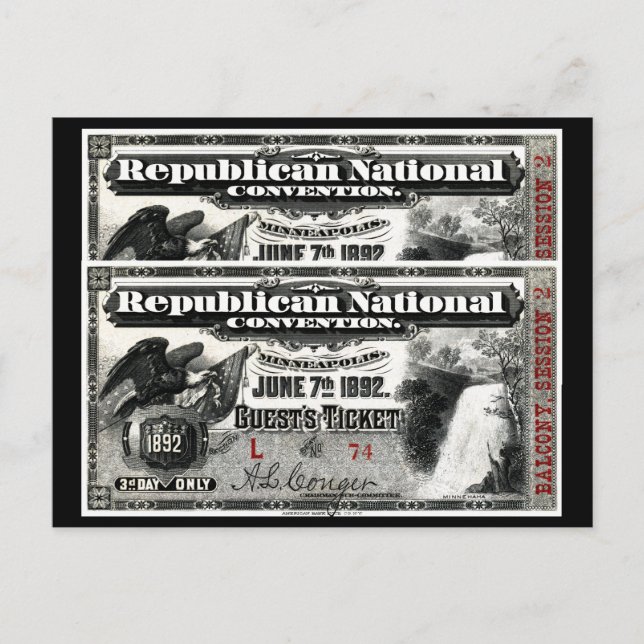 1892 Republican Convention Ticket Postcard (Front)