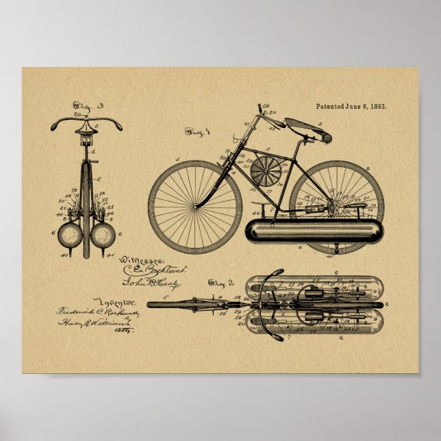 1893 Air Propelled Bicycle Design Patent Art Print (Front)