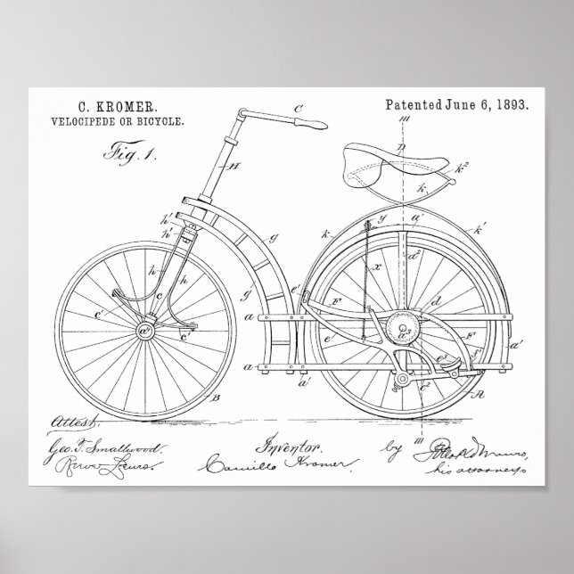1893 Chainless Bicycle Patent Art Drawing Print (Front)