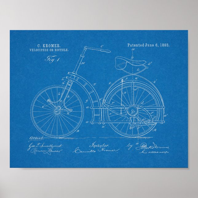 1893 Chainless Bicycle Patent Art Drawing Print (Front)