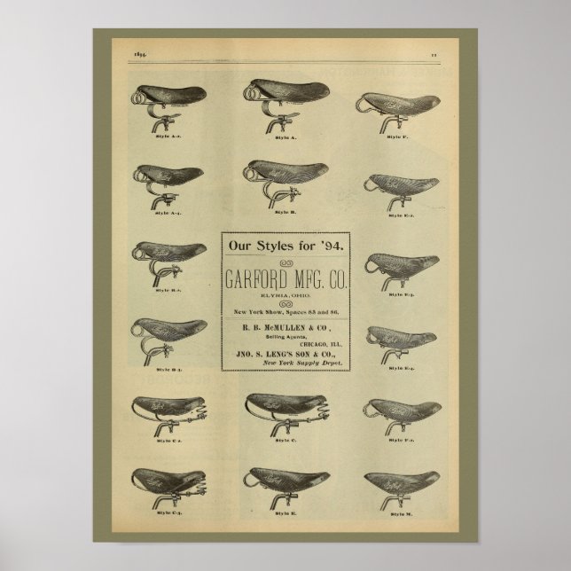 1893 Vintage Bicycle Seats Magazine Ad Art Poster (Front)