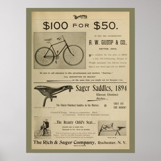 1893 Vintage Gump Bicycle Magazine Ad Art Poster (Front)