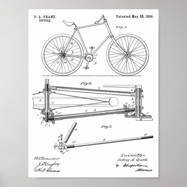 1894 Chainless Bicycle Design Patent Art Print (Front)